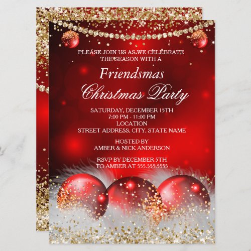 Red Gold Baubles Friendsmas Christmas Party Invitation