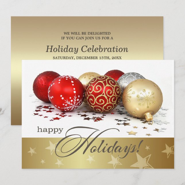 Red Gold Baubles Holiday Party Invitation (Front/Back)