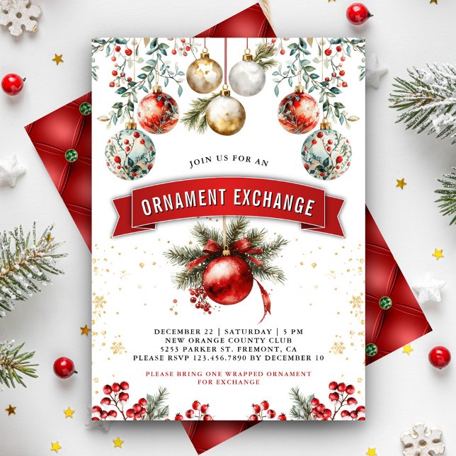 Red Gold Baubles Ornament Exchange Christmas Party Invitation (Creator Uploaded)