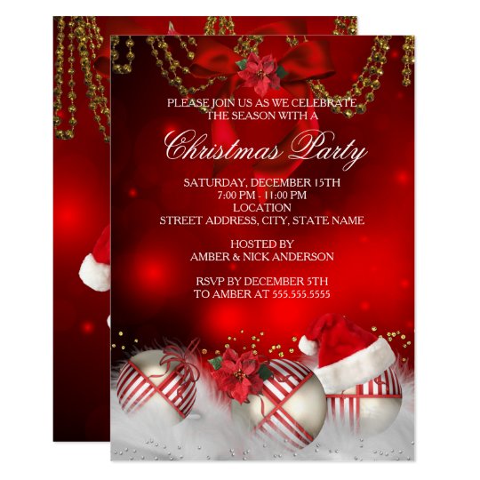 Red Gold Baubles Santa Hat Christmas Party Invitation | Zazzle.com