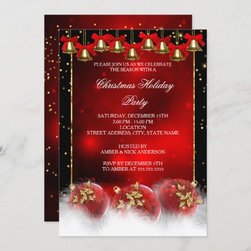 Red Gold Bells Baubles Christmas Holiday Party Invitation