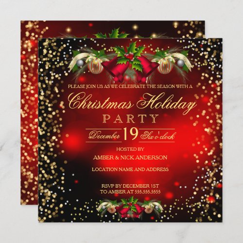 Red Gold Bells Holly Christmas Holiday Party Invitation
