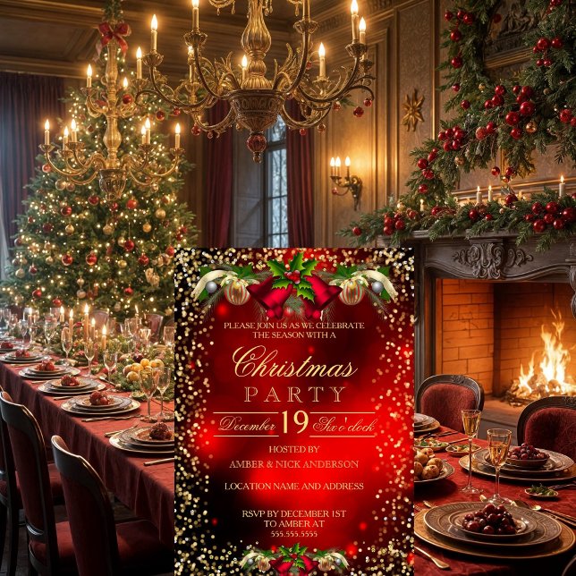 Red Gold Bells Holly Christmas Holiday Party Invitation (Creator Uploaded)