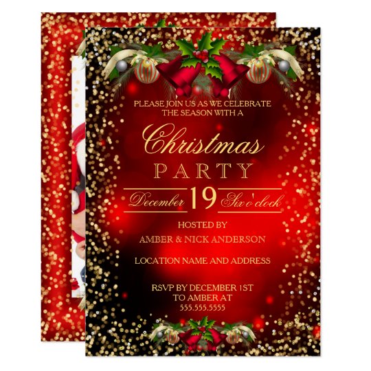 Red Gold Bells Holly Photo Christmas Holiday Party Invitation | Zazzle.com