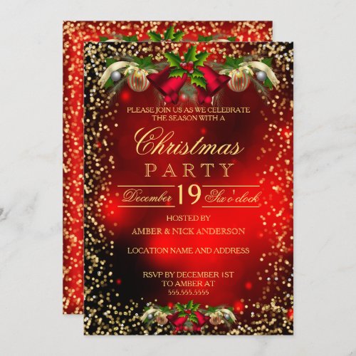 Red Gold Bells Holly Photo Christmas Holiday Party Invitation