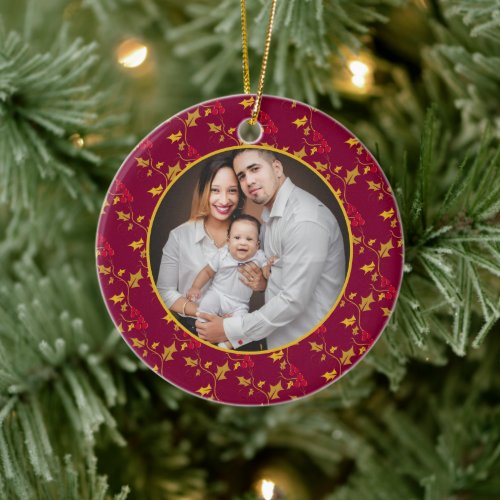 Red gold berries Christmas photo Ceramic Ornament