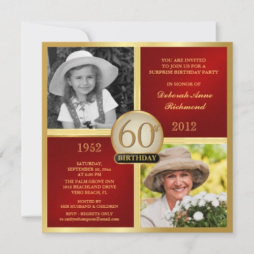 Red Gold Birthday Invitations Then &amp; Now 2 Photos