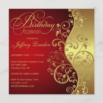 Red & Gold Birthday Party Invitation by NightSweatsDiva at Zazzle