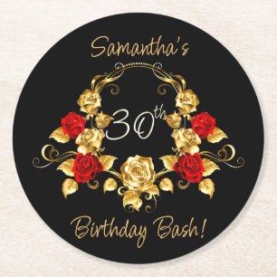 Red & Gold Birthday Round Paper Coaster