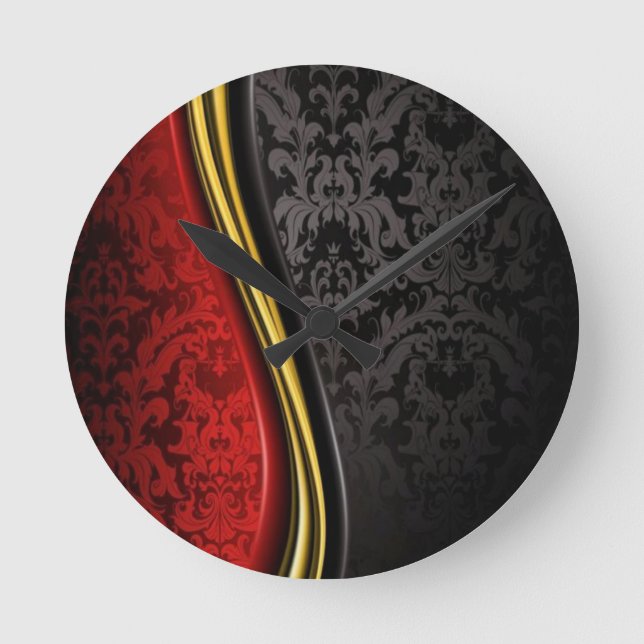 RED GOLD & BLACK BAROQUE PATTERN WALL CLOCK (Front)
