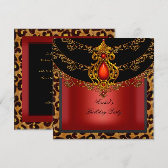 Red Gold Black Birthday Party Leopard Invitation (Front/Back)