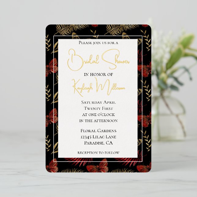 Red Gold Black Butterflies Leaves Bridal Shower Foil Invitation (Standing Front)