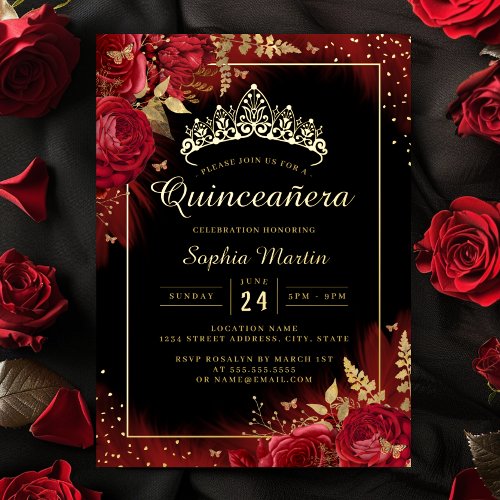 Red Gold Black Butterfly Floral Quinceanera  Foil Invitation