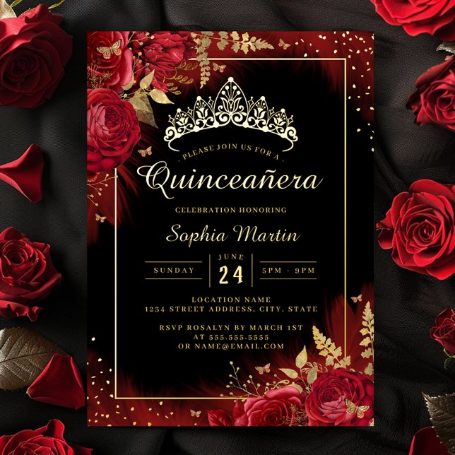 Red Gold Black Butterfly Floral Quinceanera  Foil Invitation (Creator Uploaded)
