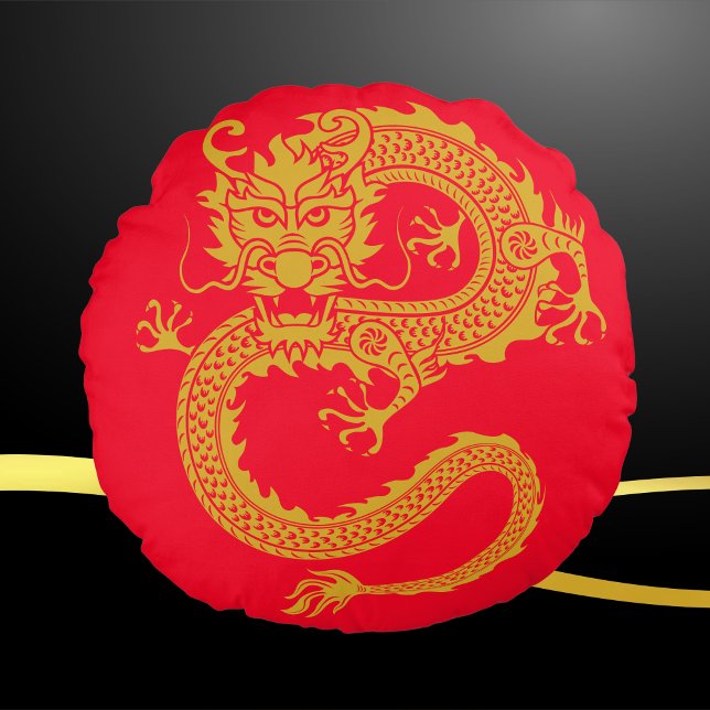 Red, Gold & Black, Chinese Dragon Zodiac | Round Pillow (Creator Uploaded)