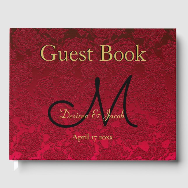 Red Gold Black Christmas Winter Wedding Monogram Guest Book (Front)
