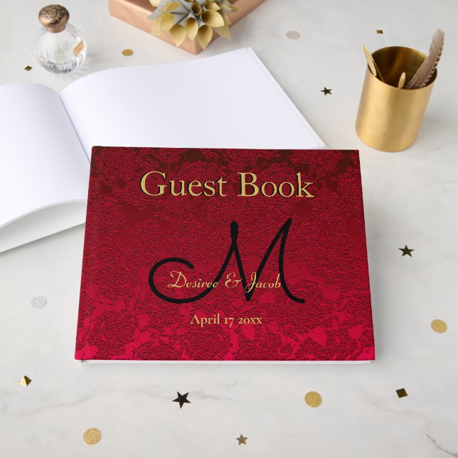 Red Gold Black Christmas Winter Wedding Monogram Guest Book (Front Open)