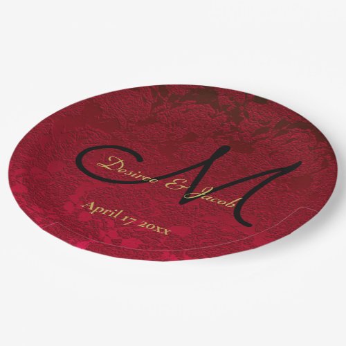 Red Gold Black Christmas Winter Wedding Monogram Paper Plates