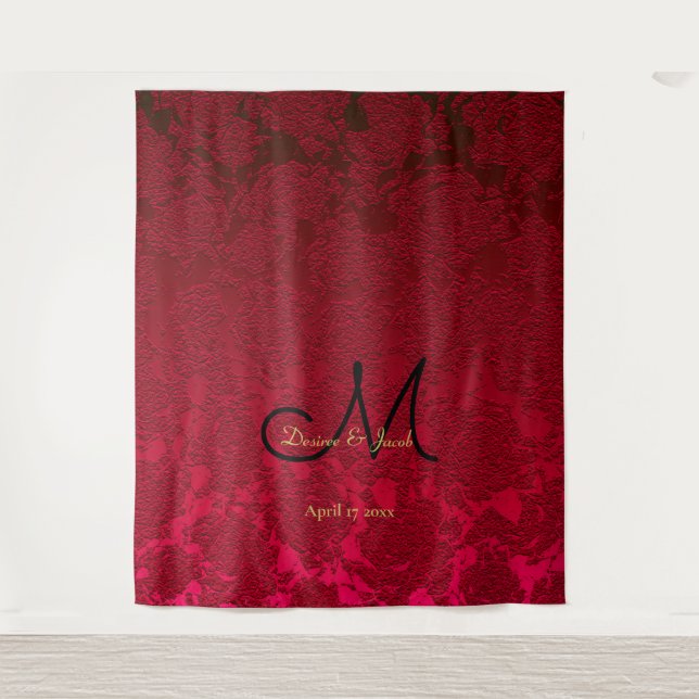 Red Gold Black Christmas Winter Wedding Monogram Tapestry (Front)