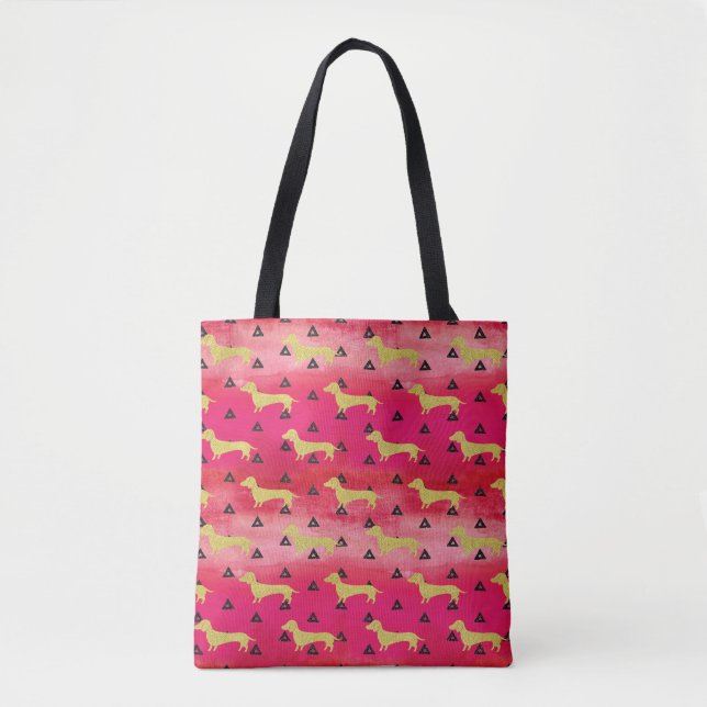 Red/Gold/Black Dachshund & Triangles Pattern Tote Bag (Front)