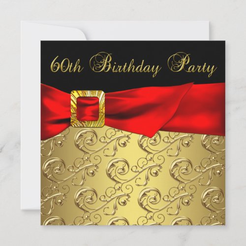 Red Gold Black Damask Womans 60th Birthday Party Invitation