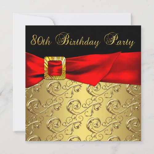 Red Gold Black Damask Womans 80th Birthday Party Invitation