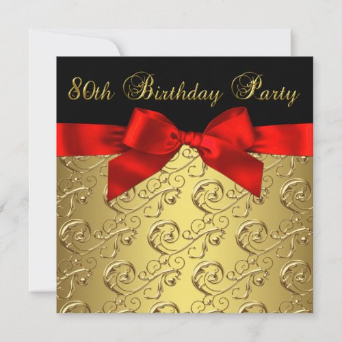 Red Gold Black Damask Womans 80th Birthday Party Personalized Invitation