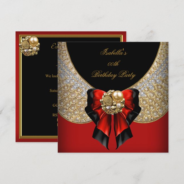 Red Gold Black Elegant Birthday Party Invitation (Front/Back)