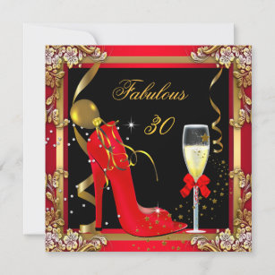 Red Gold Black Fabulous 30 Birthday Party 2 Invitation