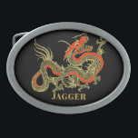 Red Gold Black Fantasy Chinese Dragon Belt Buckle<br><div class="desc">A fierce black Chinese dragon outlined in gold decorates this item. Red accents highlight the dragon's jaw,  head and spine. Your name is written in bold gold below.</div>