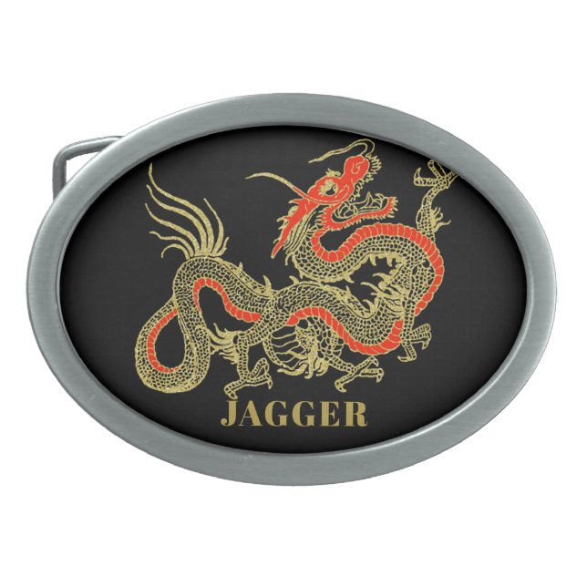 Red Gold Black Fantasy Chinese Dragon Belt Buckle (Front)