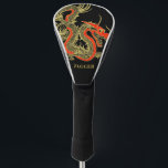 Red Gold Black Fantasy Chinese Dragon Golf Head Cover<br><div class="desc">A fierce black Chinese dragon outlined in gold decorates this golf head cover. Red accents highlight the dragon's jaw,  head and spine. Your name is written in bold gold below.</div>