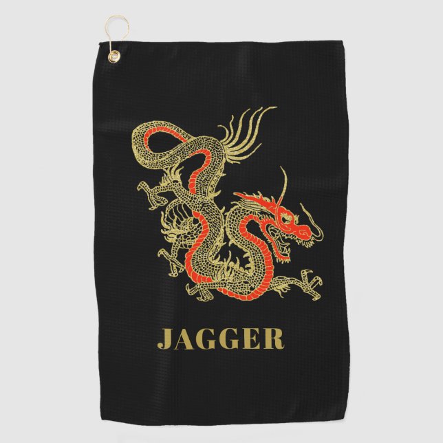 Red Gold Black Fantasy Chinese Dragon Golf Towel (Front)