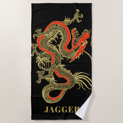 Red Gold Black Fantasy Chinese Dragon Monogram Beach Towel