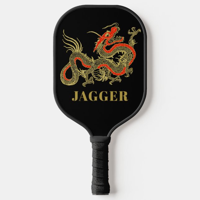 Red Gold Black Fantasy Chinese Dragon Monogram Pin Pickleball Paddle (Front)