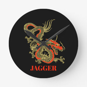 Red Gold Black Fantasy Chinese Dragon Round Clock