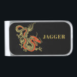 Red Gold Black Fantasy Chinese Dragon Silver Finish Money Clip<br><div class="desc">A fierce black Chinese dragon outlined in gold decorates this item. Red accents highlight the dragon's jaw,  head and spine. Your name is written in bold gold below.</div>