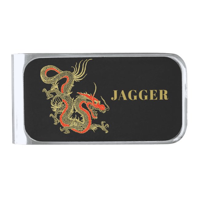 Red Gold Black Fantasy Chinese Dragon Silver Finish Money Clip (Front)