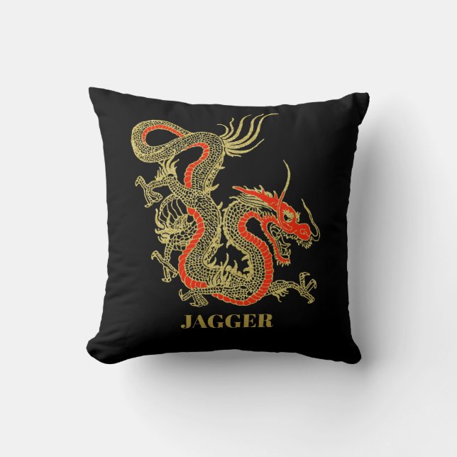 Red Gold Black Fantasy Chinese Dragon Throw Pillow (Front)