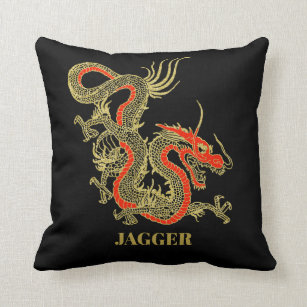 Red Gold Black Fantasy Chinese Dragon Throw Pillow
