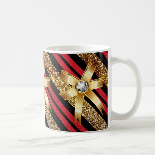 Red Gold  Black Faux Glitter Gold Diamond Bows Coffee Mug