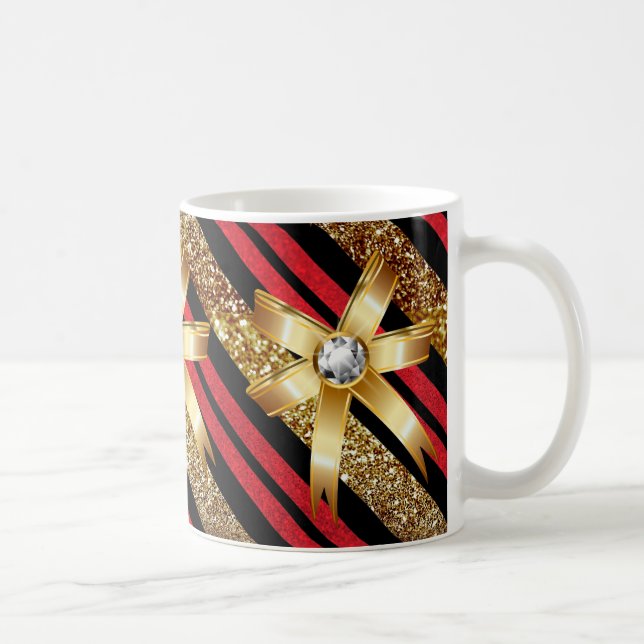 Red Gold & Black Faux Glitter Gold Diamond Bows Coffee Mug (Right)