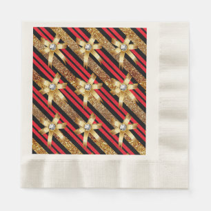 Red Gold & Black Faux Glitter Gold Diamond Bows Paper Napkins