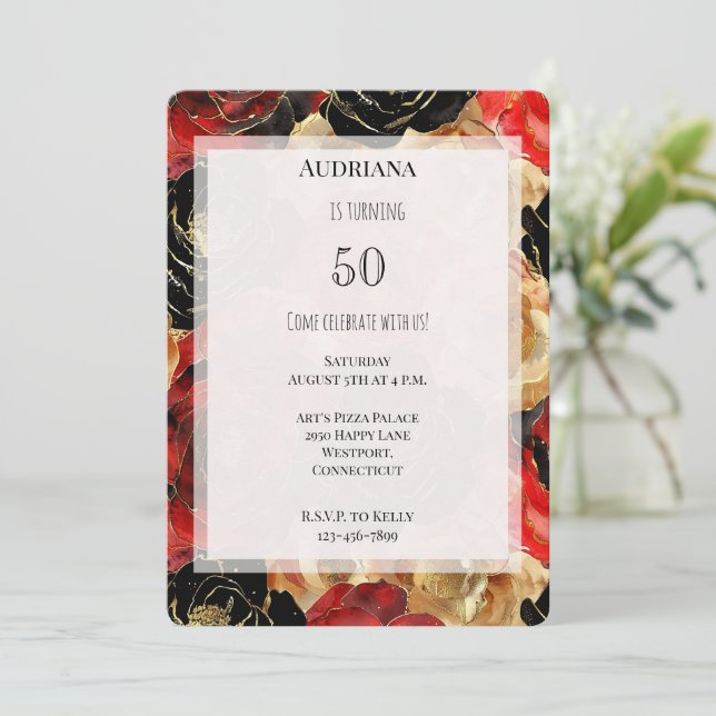 Red Gold Black Floral 50th Birthday Invitation (Standing Front)