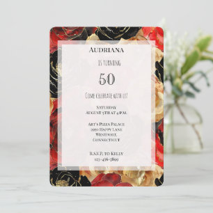 Red Gold Black Floral 50th Birthday Invitation