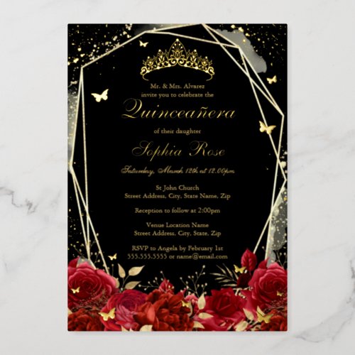 Red Gold Black Floral Butterfly Tiara Quinceanera Foil Invitation