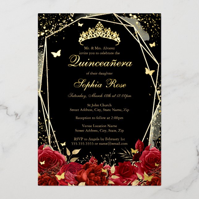 Red Gold Black Floral Butterfly Tiara Quinceanera Foil Invitation (Front)
