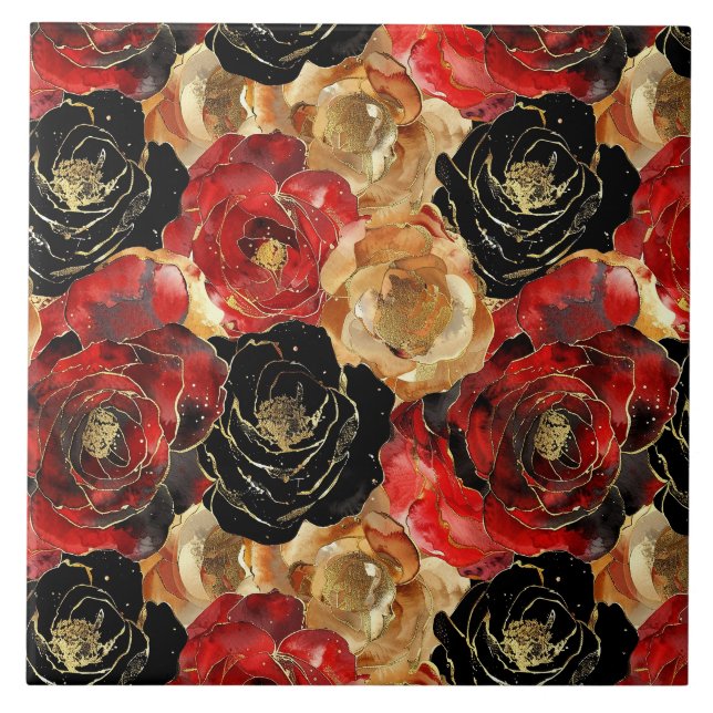 Red Gold Black Floral Ceramic Tile (Front)