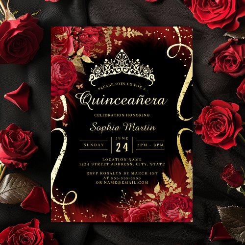 Red Gold Black Floral Scroll Quinceanera  Foil Invitation