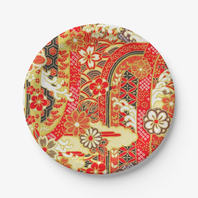 Red Gold Black Japanese Kimono Floral Flower Paper Plates (Front)